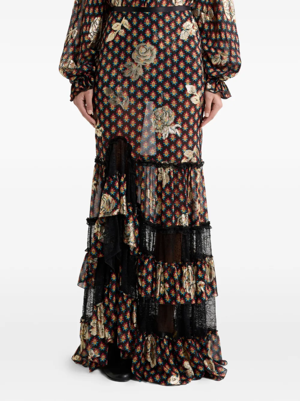  Etro Roses-pattern Lace Asymmetric Skirt - Black 
