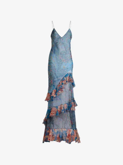 ETRO long dress in silk with ruffles and floral motif
