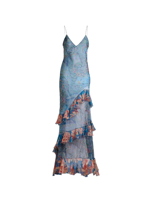 etro blue dress Women's Long Silk With Ruffles And Floral Pattern - Shirt dress