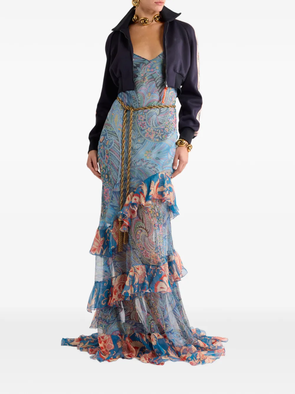 ETRO Maxi-jurk van zijde met ruches en bloemen-patroon Blauw