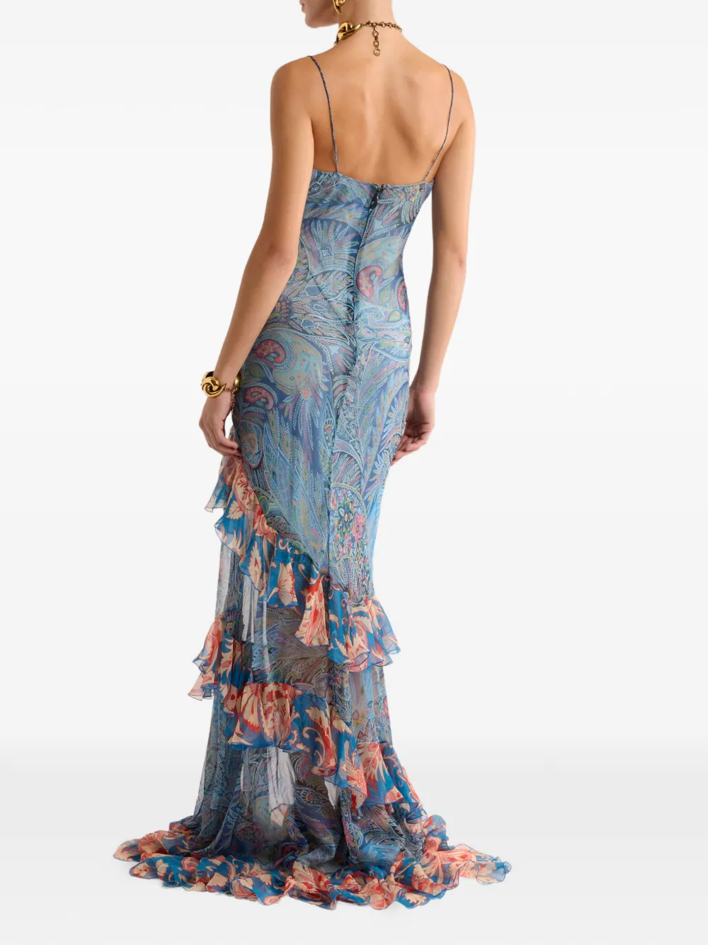 ETRO Maxi-jurk van zijde met ruches en bloemen-patroon Blauw