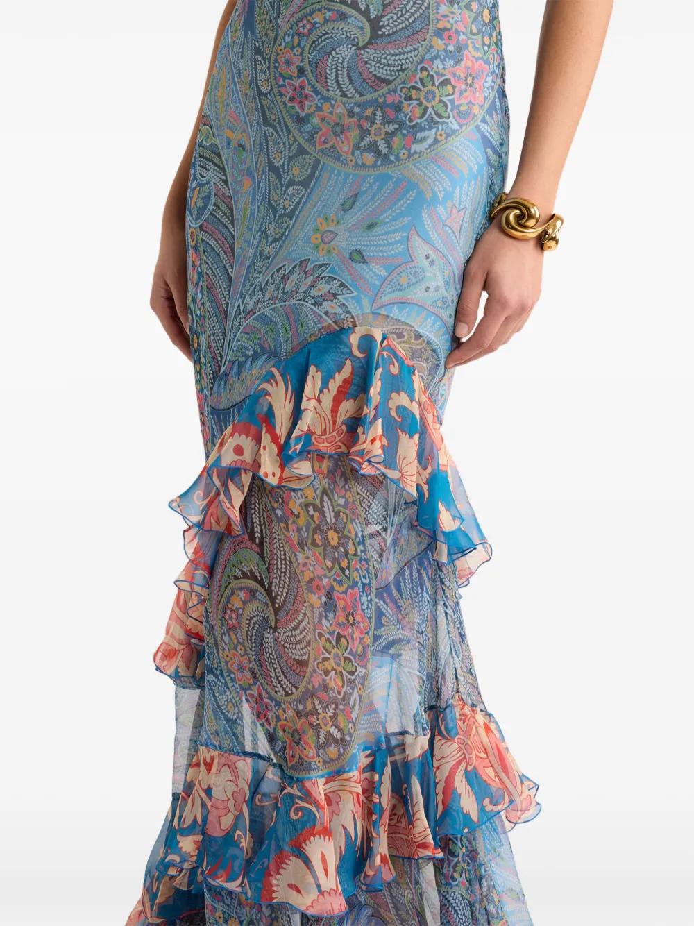 ETRO Maxi-jurk van zijde met ruches en bloemen-patroon Blauw