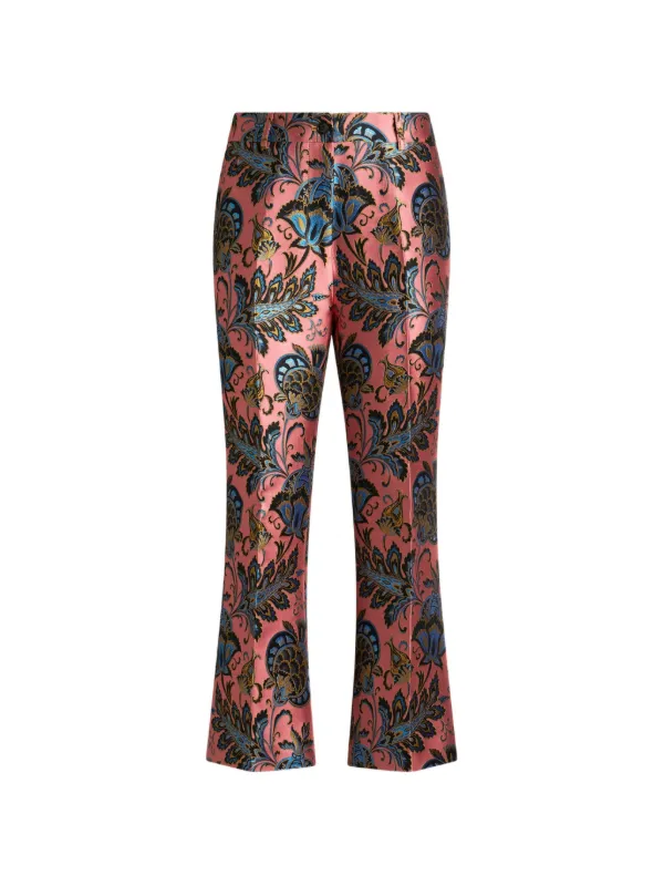 Etro Jacquard Flared Trousers with Floral Motif in Pink