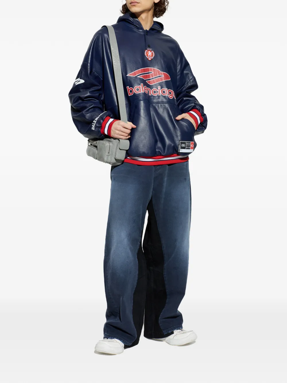 Balenciaga Leren hoodie met logoprint Blauw
