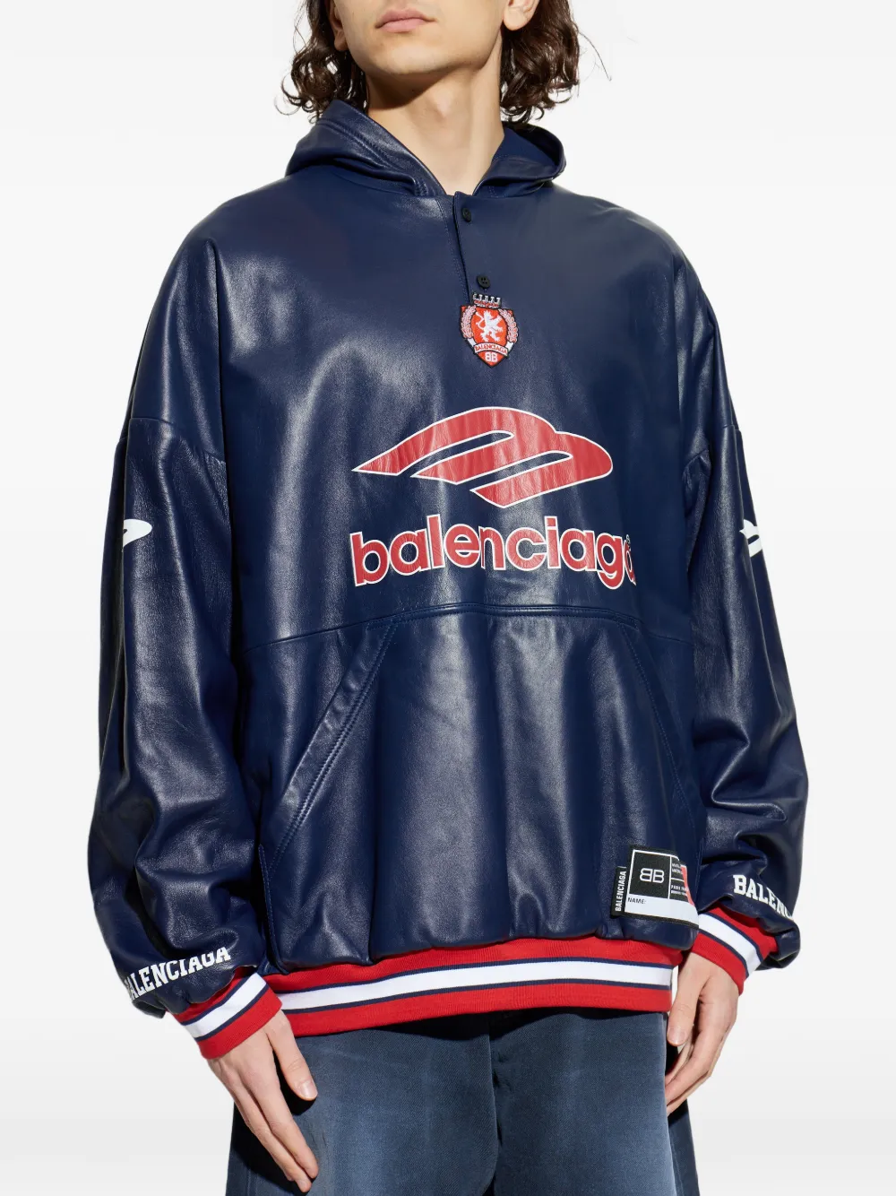 Balenciaga Leren hoodie met logoprint Blauw