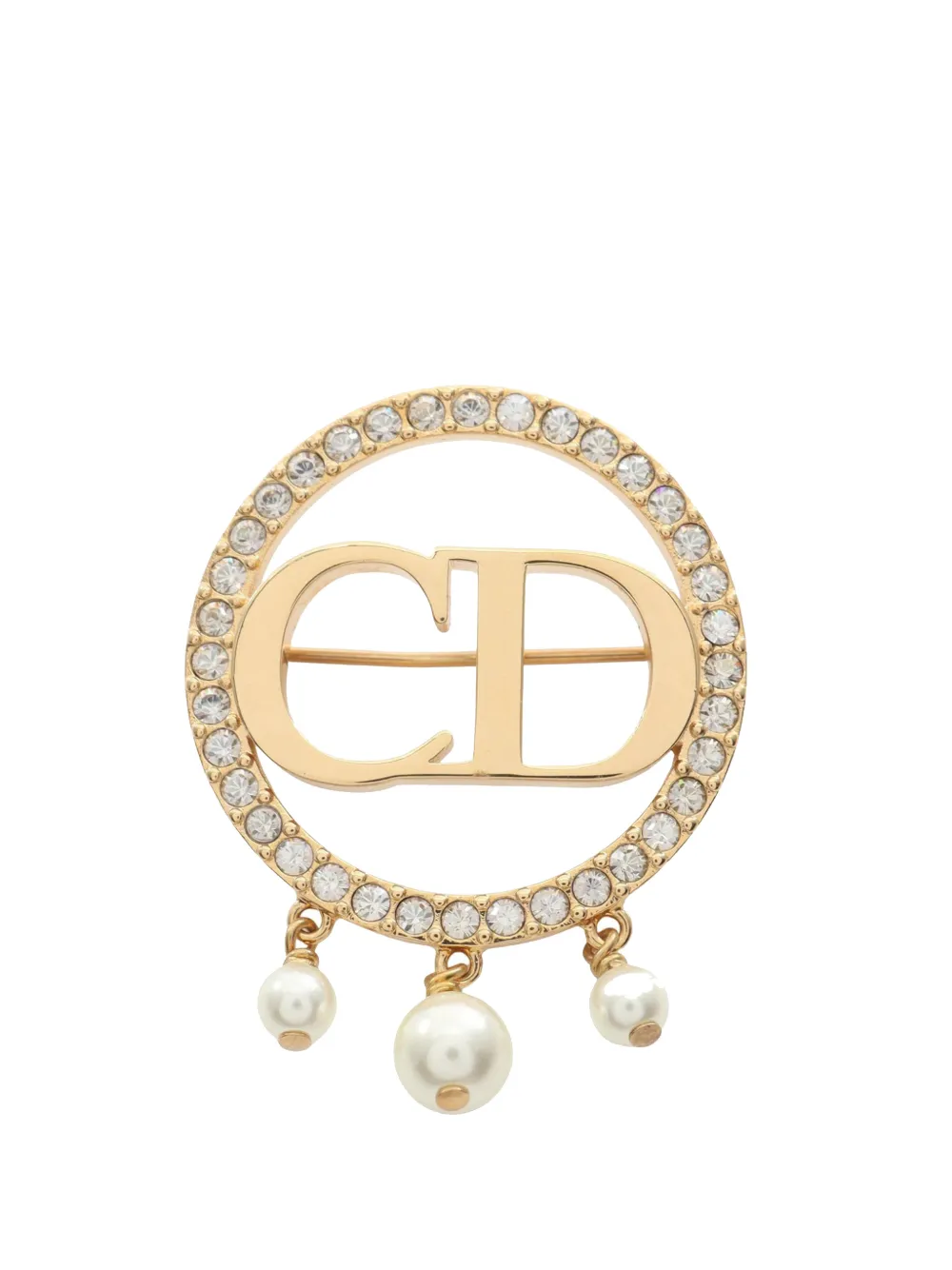 Christian Dior Pre-Owned 2000-2015 Gold Plated Faux Pearl and Rhinestone CD Logo Round Brooch costume brooch - Bianco