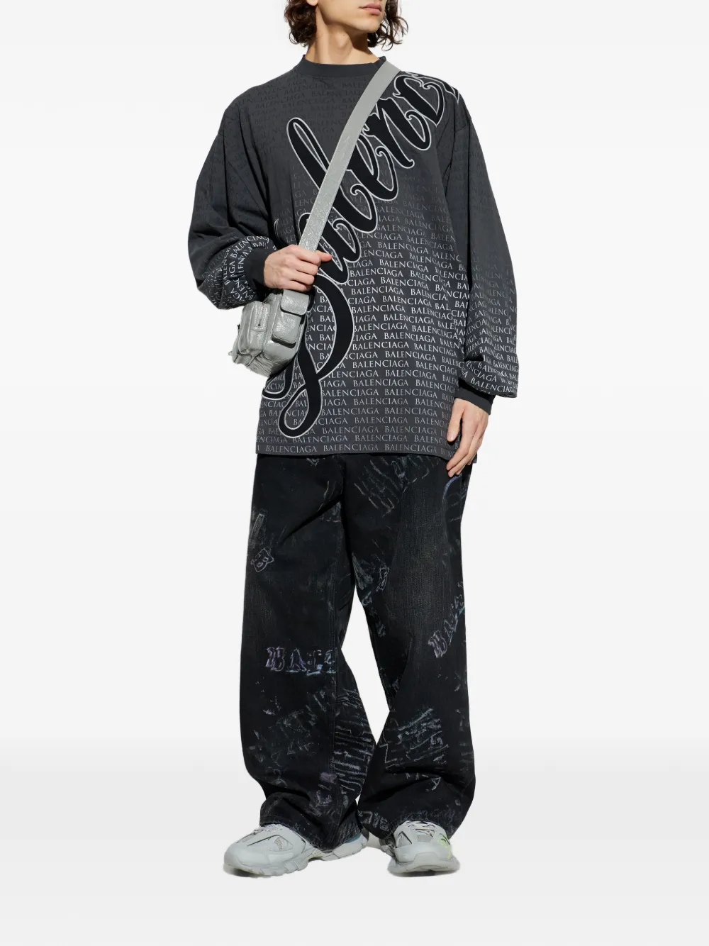 Balenciaga Printed Long-sleeved T-shirt in Grey, view 2