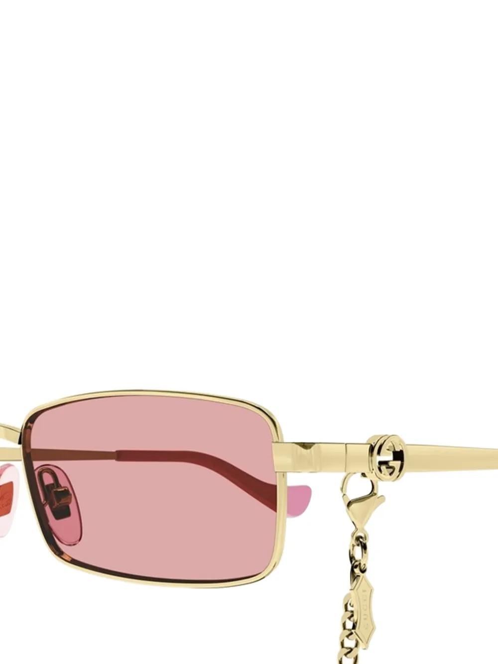Gucci GG1600S 004 zonnebril met rechthoekig montuur en kettingdetail Goud