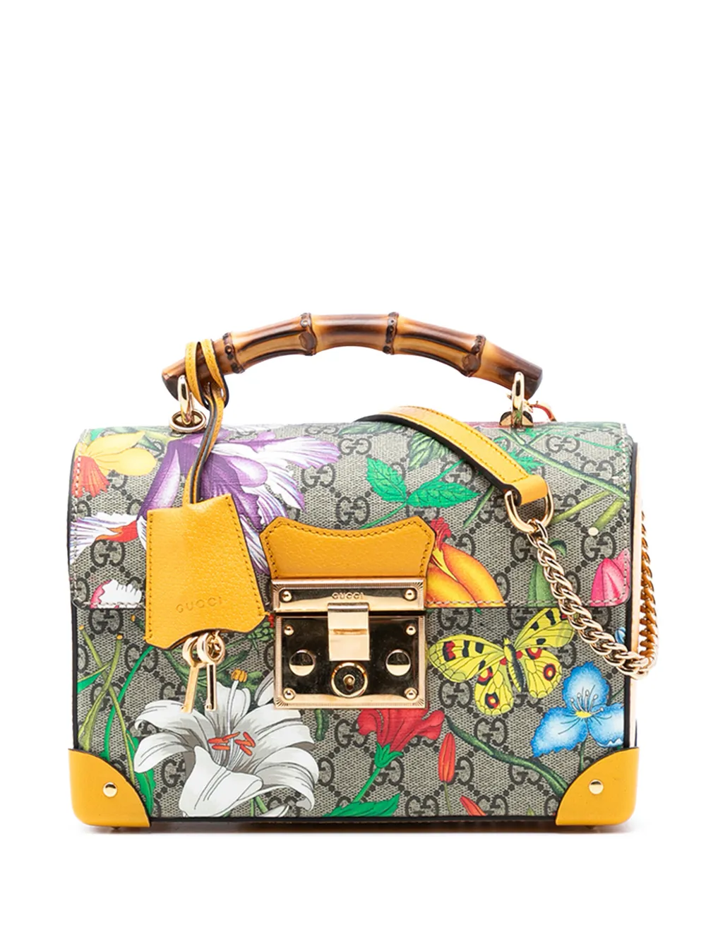 Gucci Pre-Owned 2016-2025 Small GG Supreme Flora Bamboo Padlock satchel - Marrone