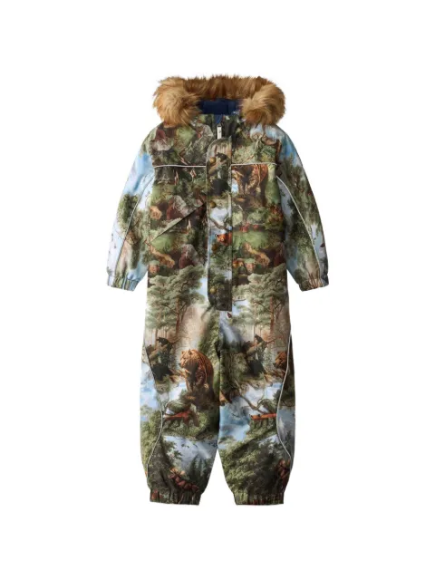 Molo forest-art print faux-fur-trim ski jumpsuit