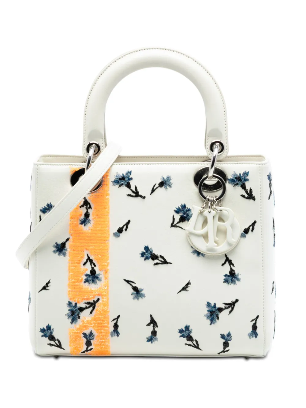 Christian Dior Pre-Owned 2015 Medium Lambskin Floral Sequin Lady Dior satchel - Bianco