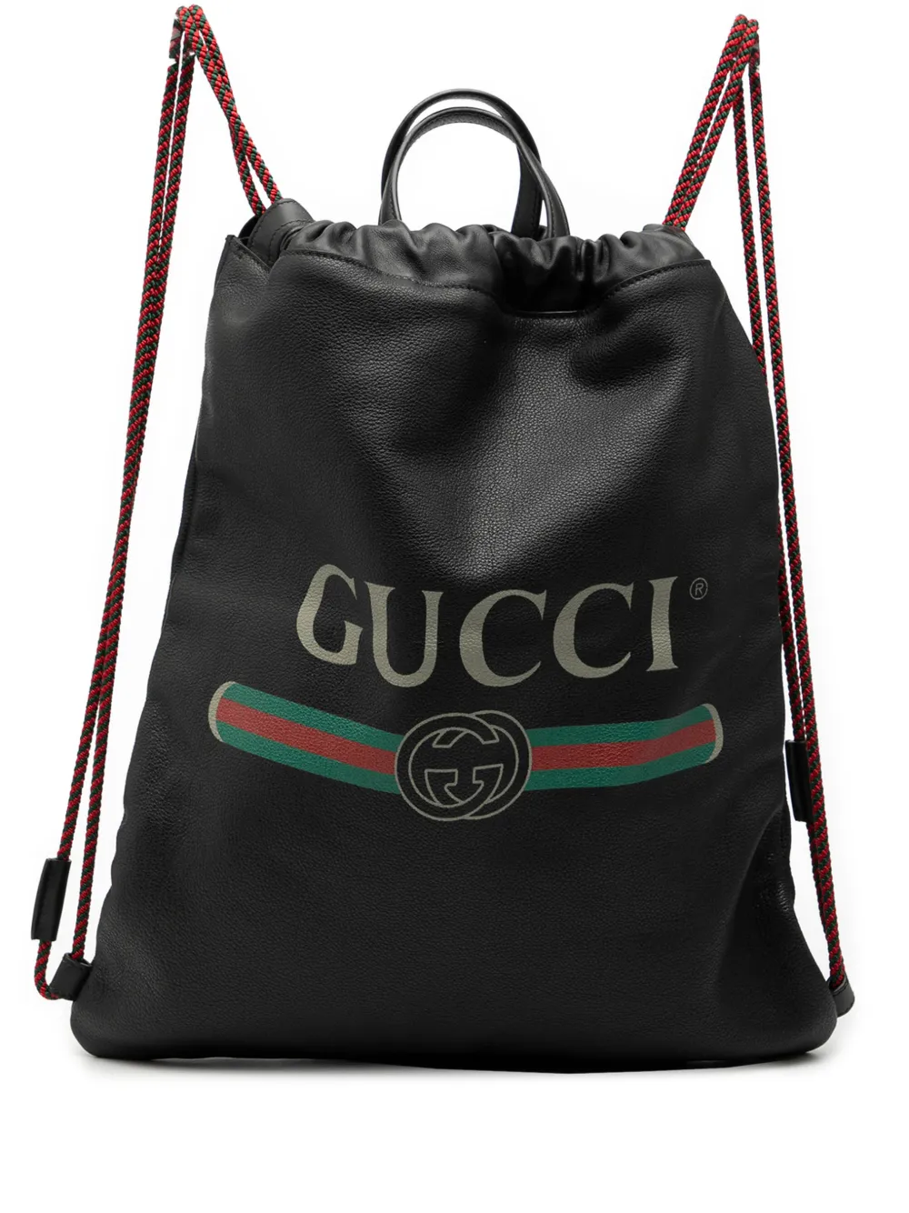 Pre-owned Gucci 2016-2026 Leather Logo Drawstring Backpack In Black