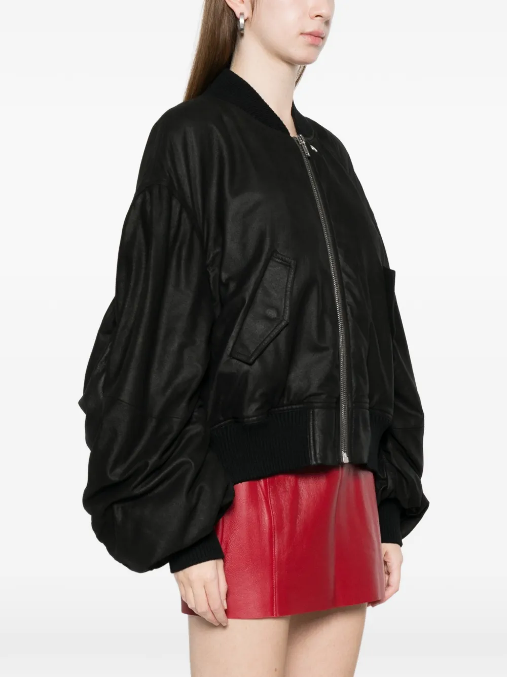 zip-up leather bomber jacket