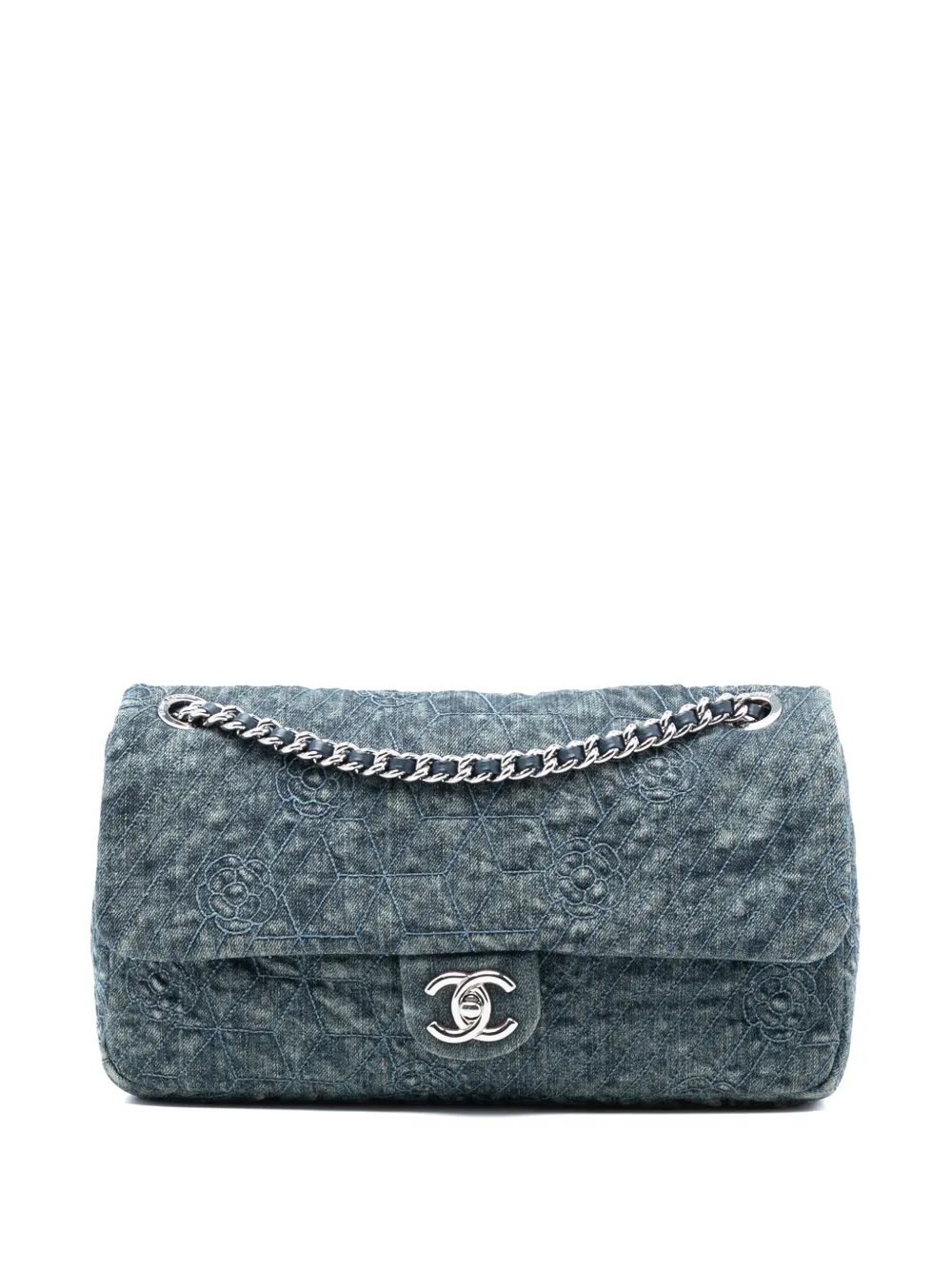 CHANEL Pre-Owned Borsa a tracolla Camellia Flap grande in denim con ricamo 2012 - Blu