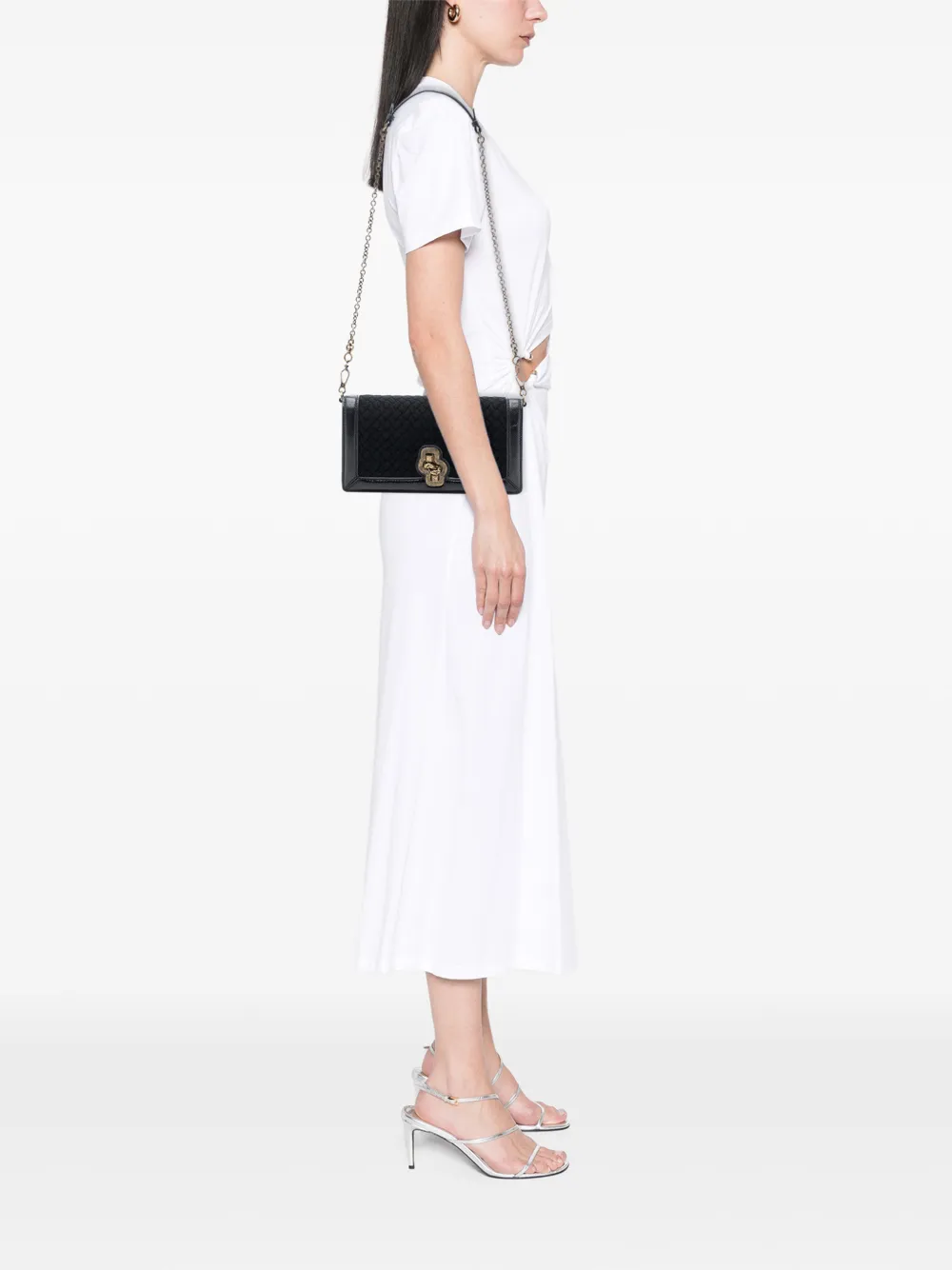  Bottega Veneta Pre-owned 2012-2025 Karung Trimmed Knit Intrecciato Knot Clutch On Chain Crossbody Bag - Black 
