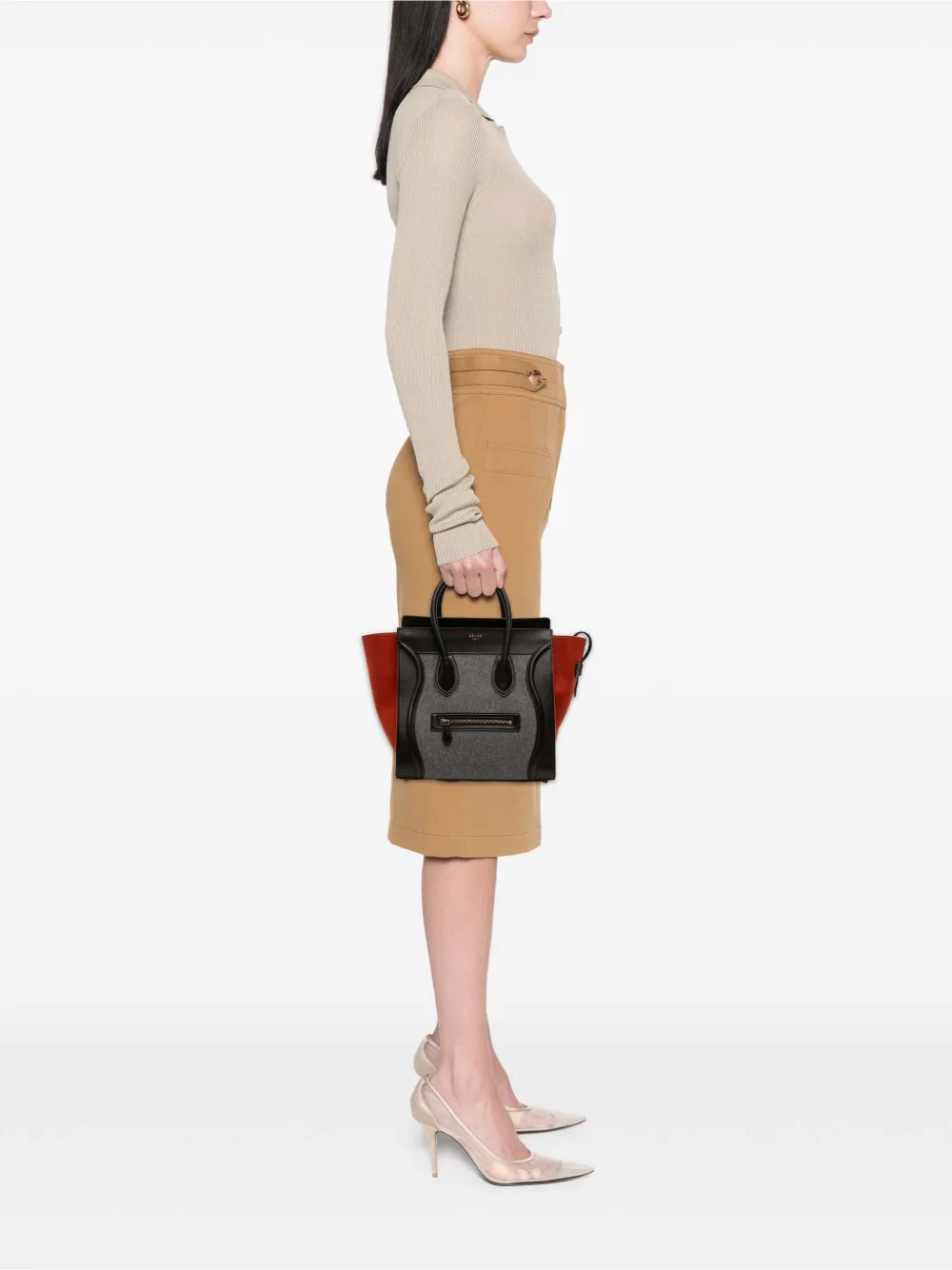 Celine Pre-owned 2014 Mini Tricolor Felt Wool and Calfskin Luggage Tote Bag in Black, view 2