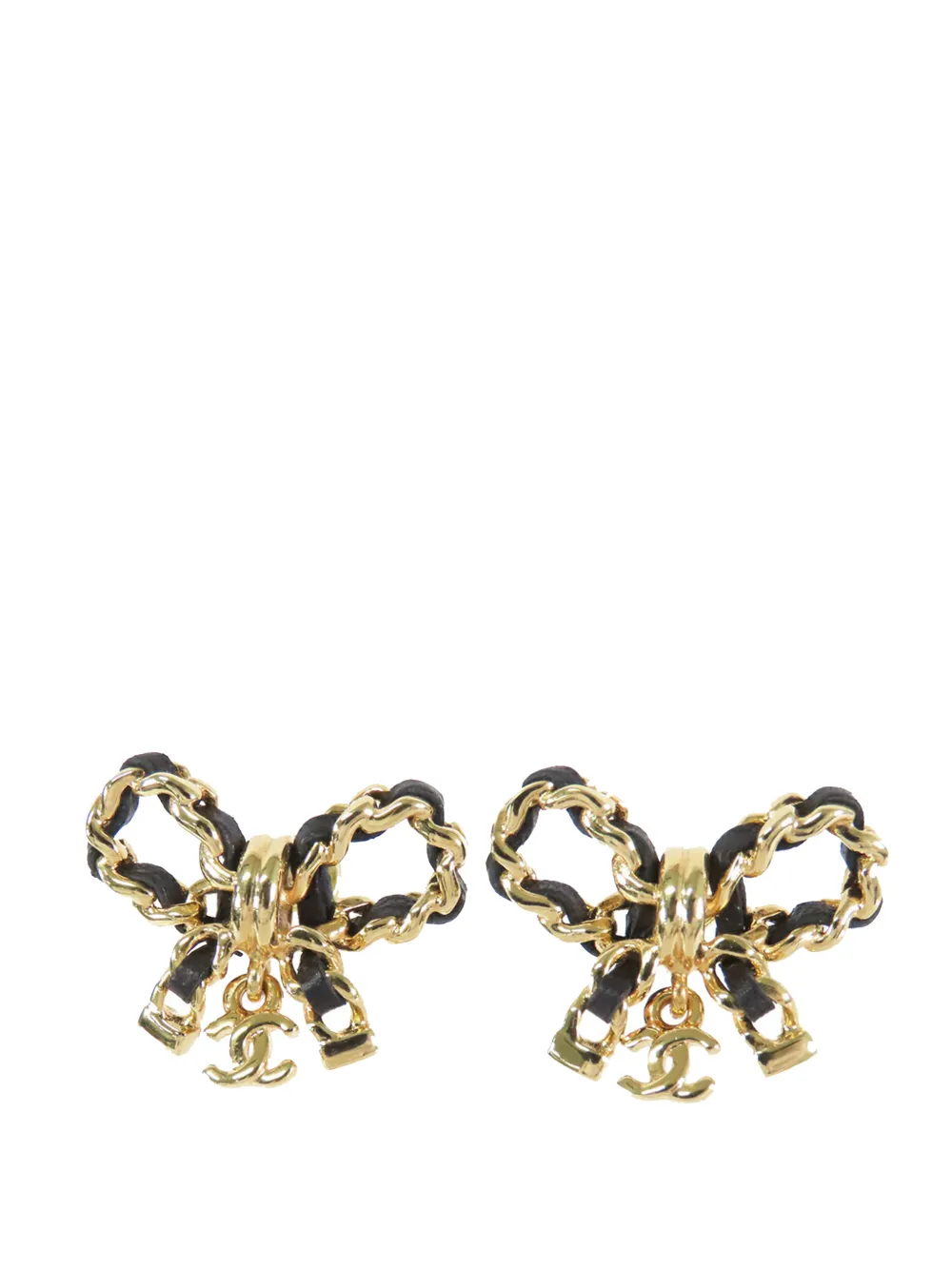 CHANEL Pre-Owned 2023 CC Leather Woven Gold Plated Bow Earrings costume earrings - Nero