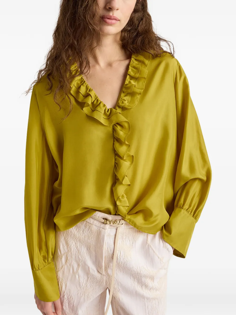  Momoni Ruffled V-neck Blouse - Green 