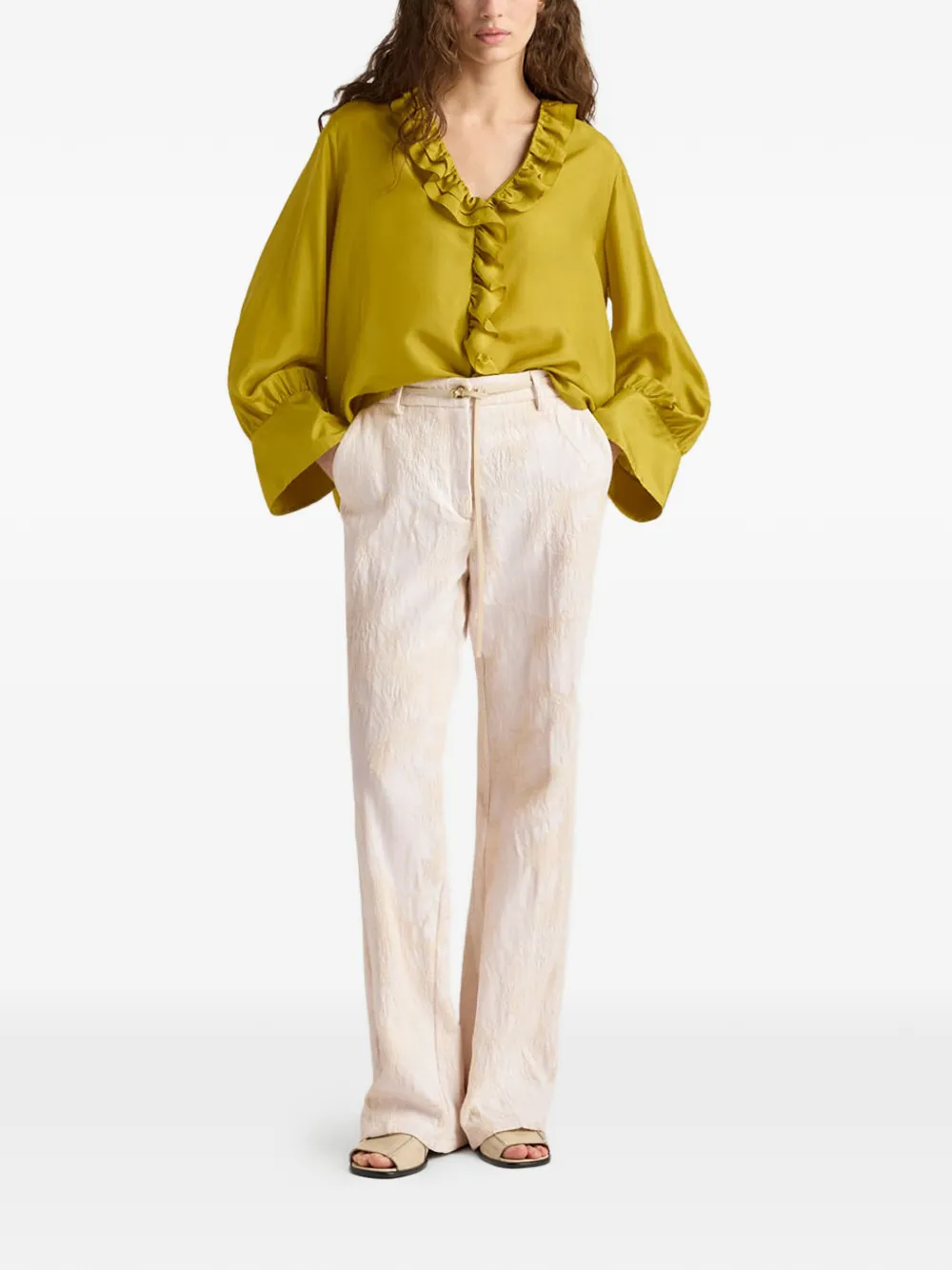  Momoni Ruffled V-neck Blouse - Green 