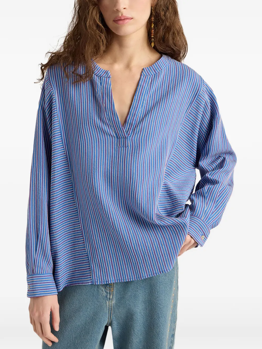  Momoni Prickly Striped V-neck Blouse - Blue 