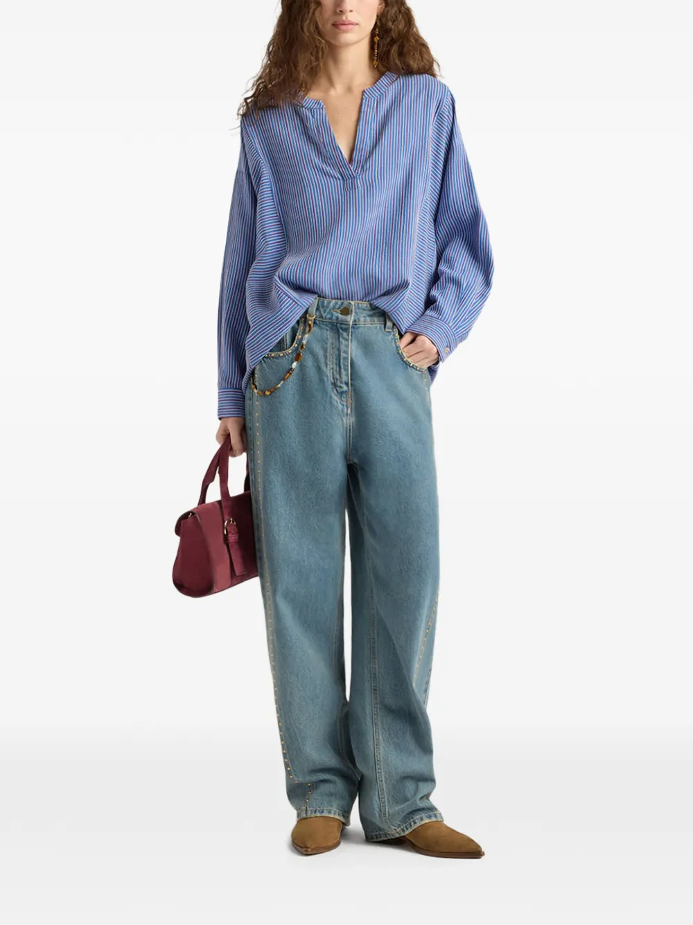  Momoni Prickly Striped V-neck Blouse - Blue 