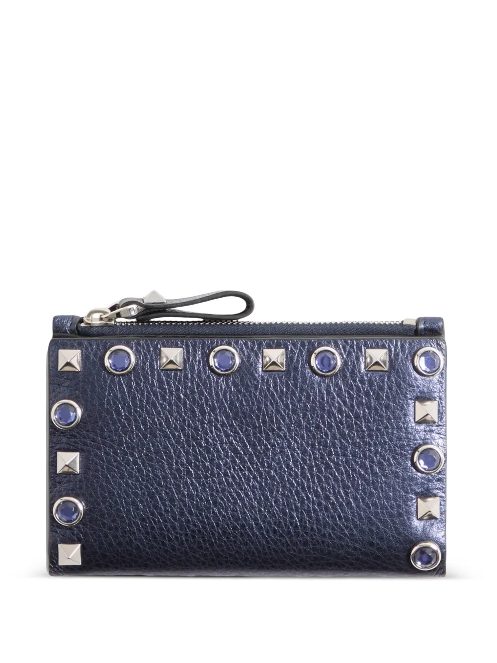Valentino Garavani Portacarte Rockstud in pelle di vitello laminata con zip - Blu