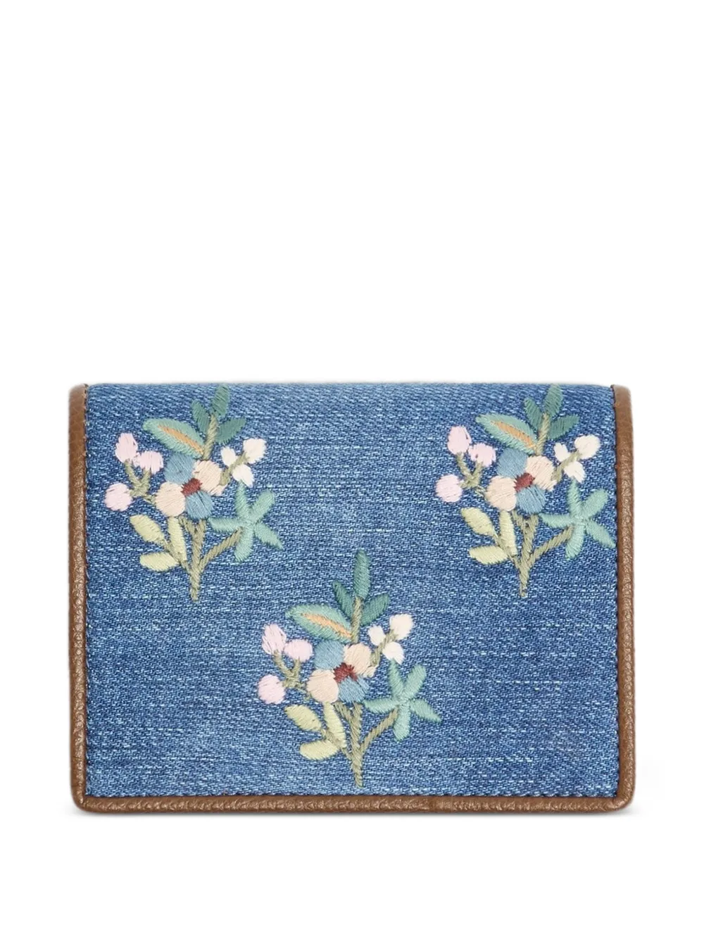 VLogo Signature wallet in denim with floral embroidery