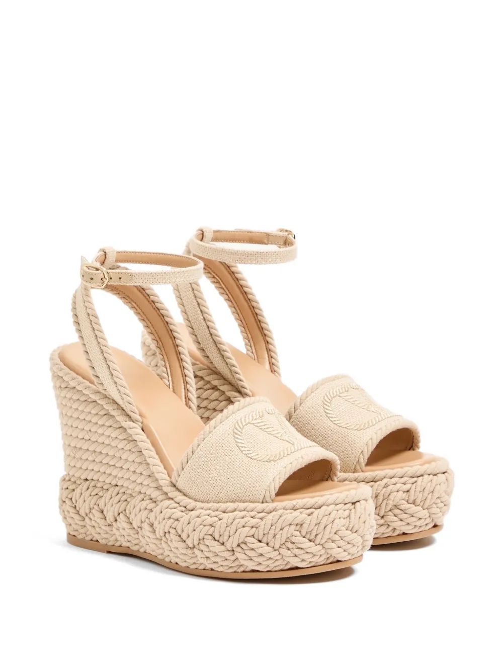 Valentino Garavani Vlogo Torchon Wedge sandal in linen canvas 130mm Beige