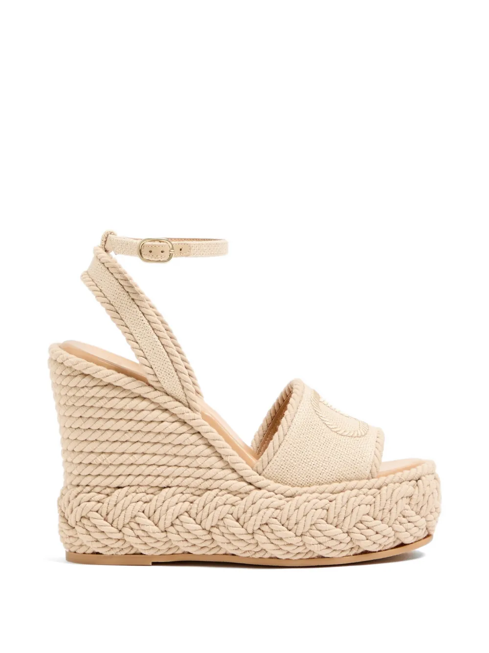 Valentino Garavani Vlogo Torchon Wedge sandal in linen canvas 130mm Beige