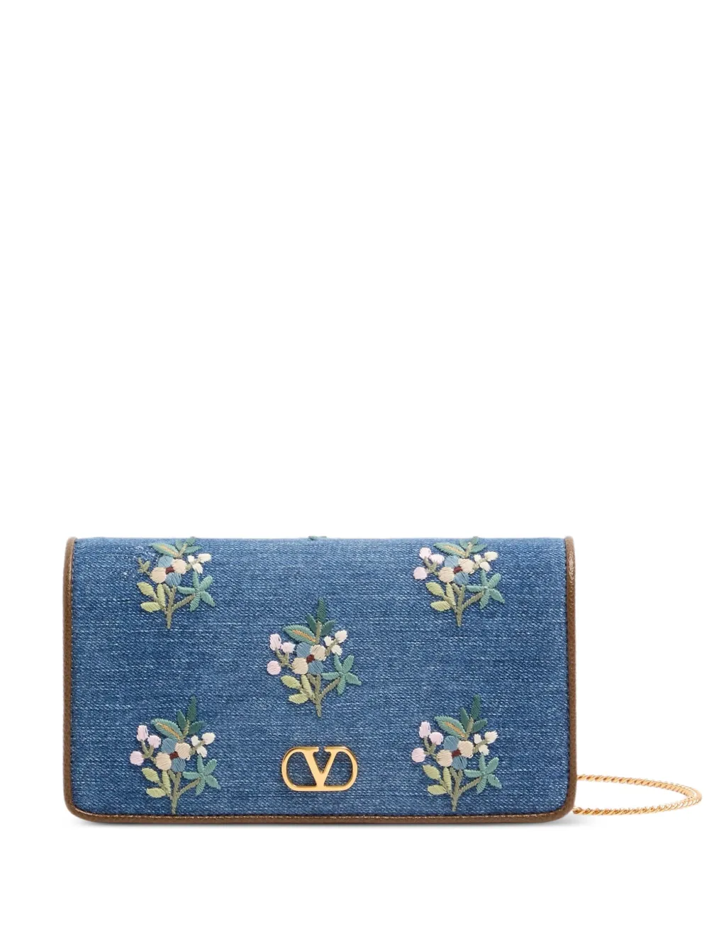 Valentino Garavani Vlogo Signature mini shoulder bag in denim with floral embroidery - Blu