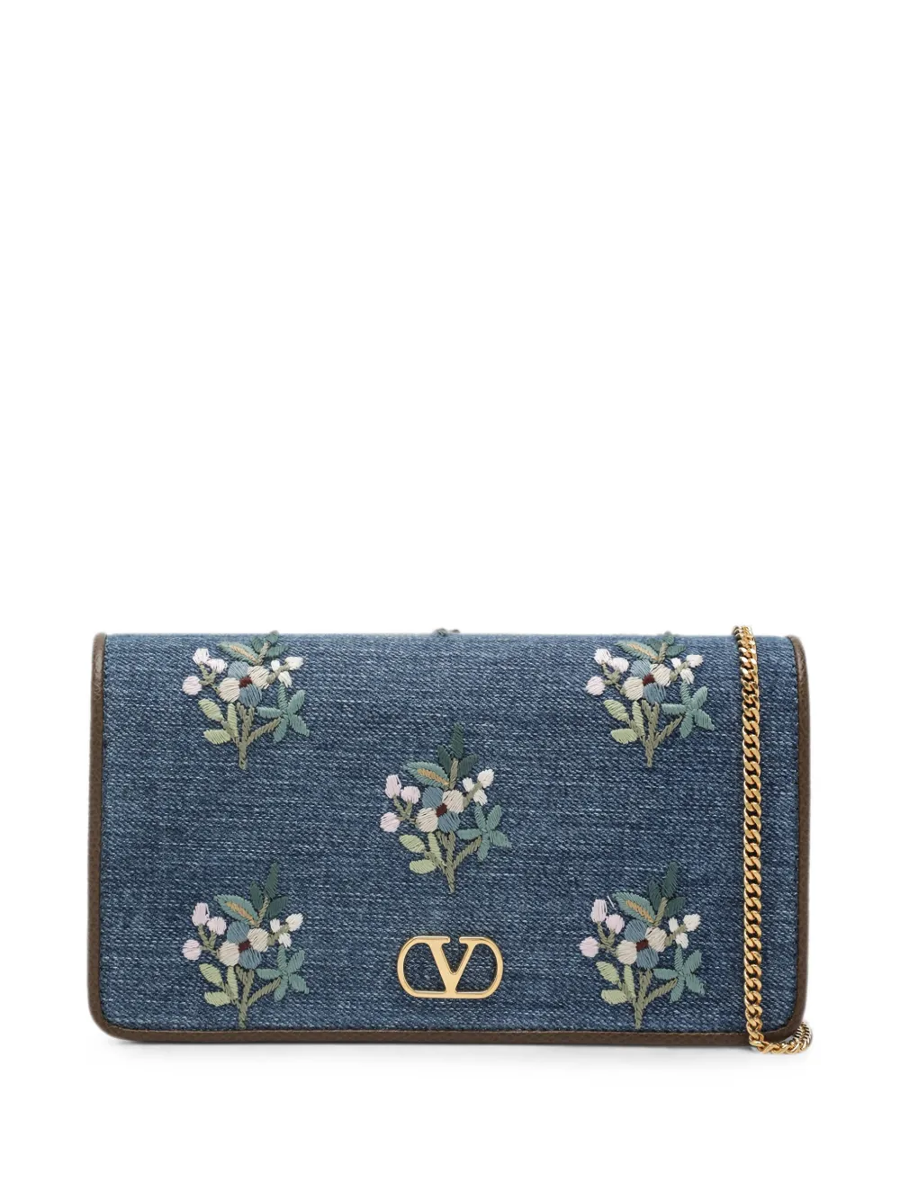 Valentino Garavani Vlogo Signature mini shoulder bag in denim with floral embroidery - Blue