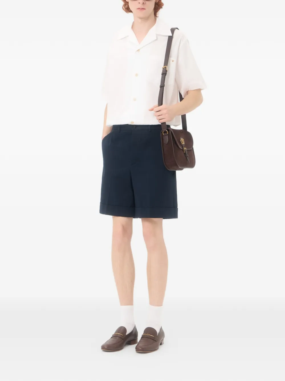 Valentino Garavani Katoenen gabardine bermuda shorts met omslag en VLogo borduurwerk Blauw