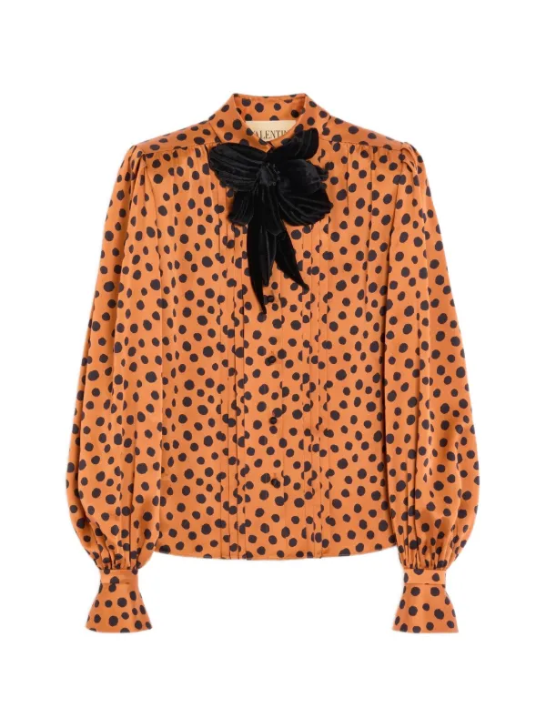 Valentino Garavani Crepe Satin Shirt with Plus De Pois Dalmata Print in Orange