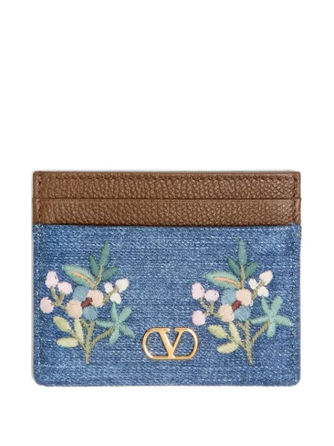 Valentino Garavani VLogo Signature card holder in denim with floral embroidery