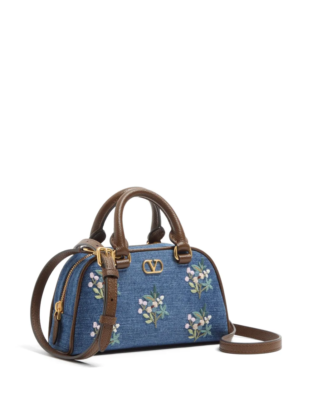 Valentino Garavani VLogo Signature kleine tas met handgreep in denim met geborduurde bloemen Blauw