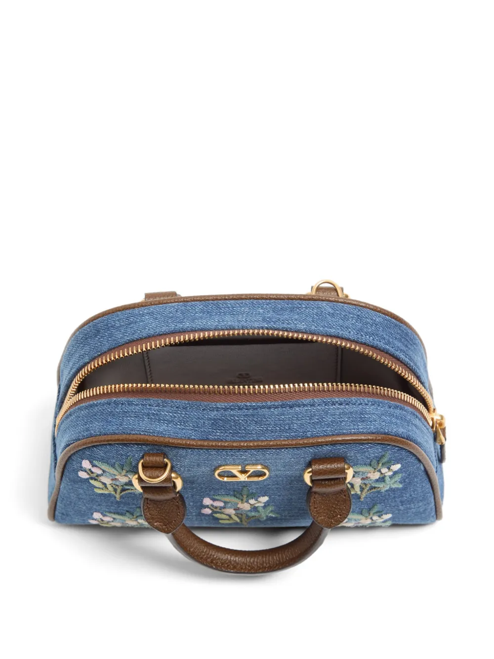 Valentino Garavani VLogo Signature kleine tas met handgreep in denim met geborduurde bloemen Blauw
