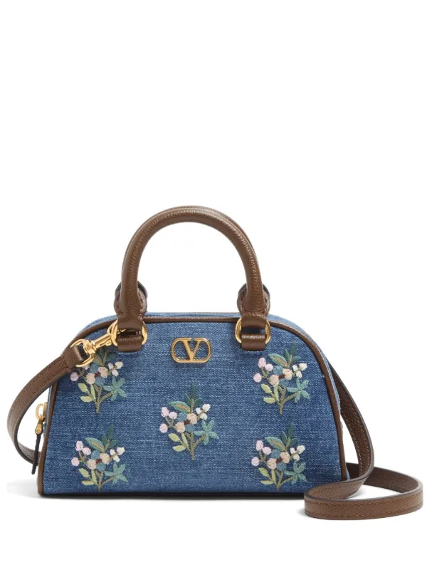 Valentino Garavani Vlogo Signature Mini Top-handle Bag in Denim with Floral Embroidery in Blue