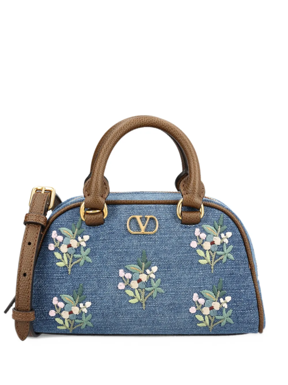 Valentino Garavani VLogo Signature kleine tas met handgreep in denim met geborduurde bloemen Blauw
