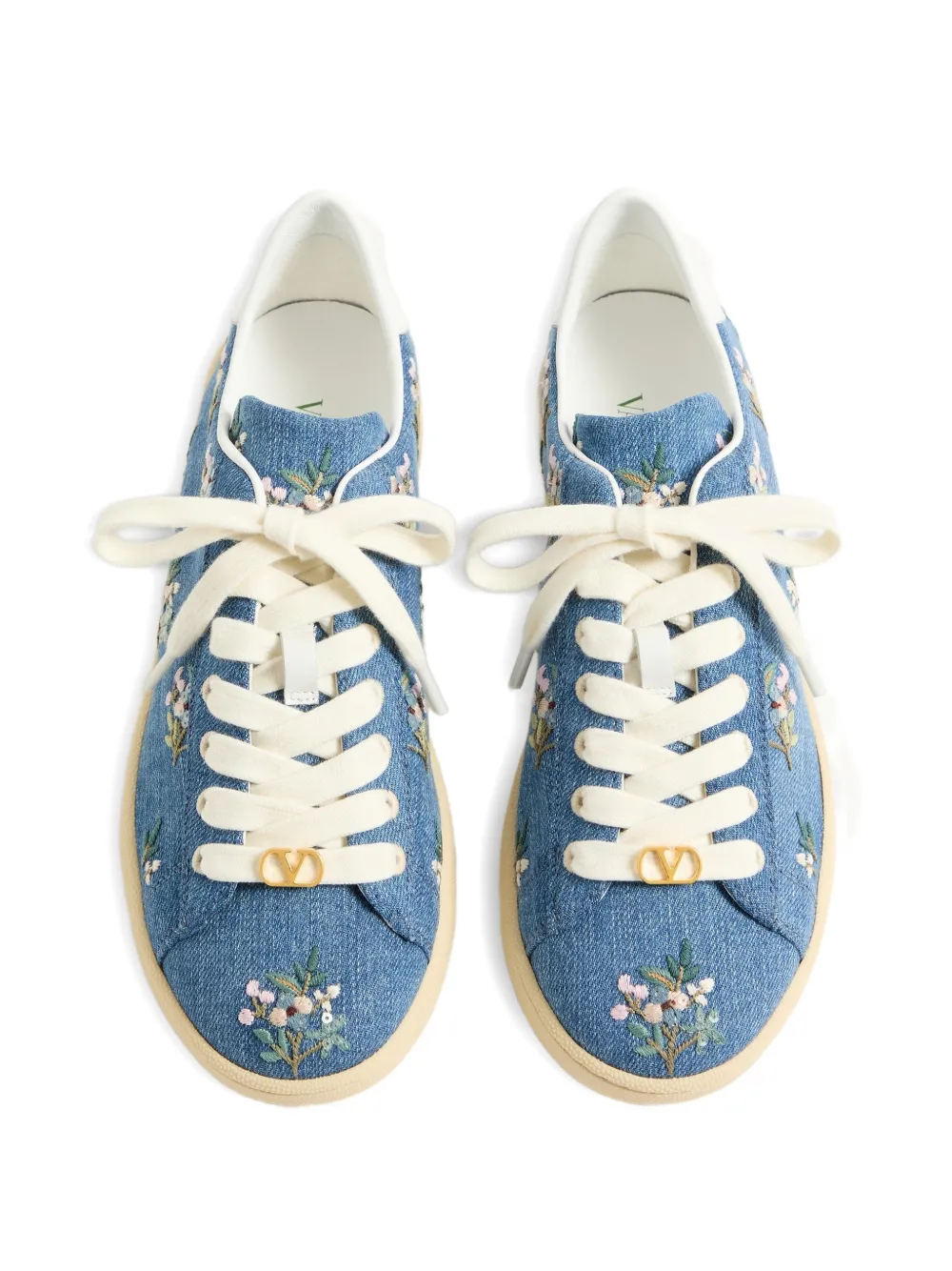 Valentino Garavani Royco denim trainer with floral embroidery Blauw