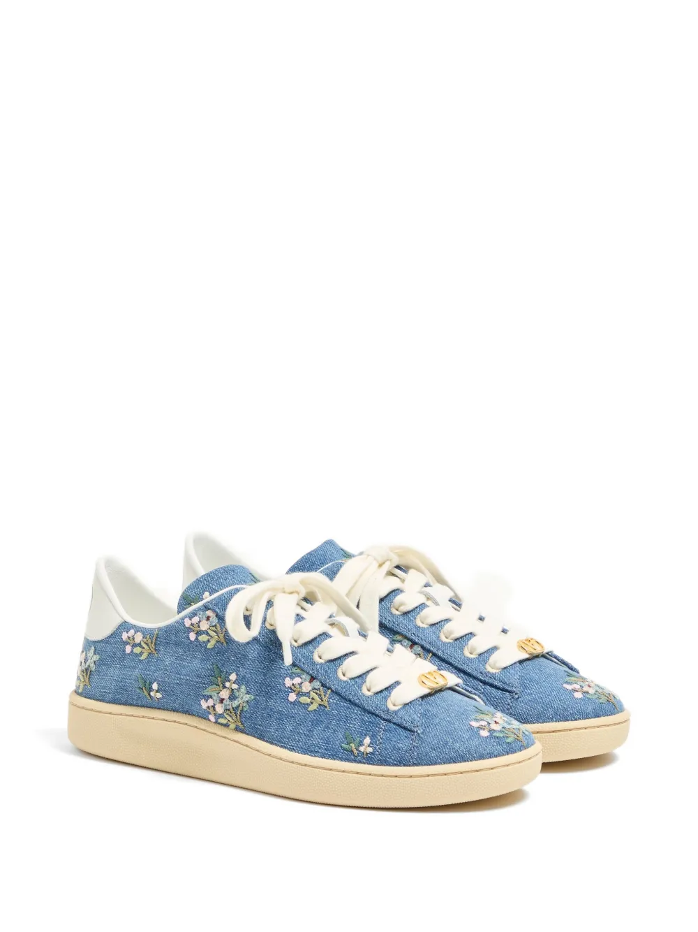 Valentino Garavani Royco denim trainer with floral embroidery Blauw