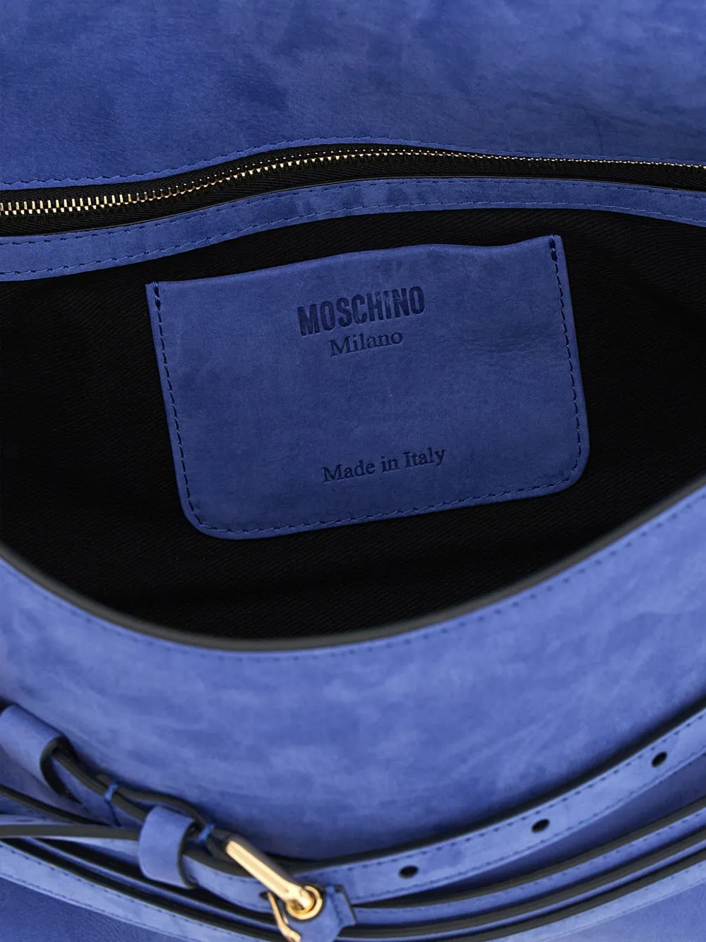 Moschino Tie Me suède schoudertas met logo-reliëf Blauw