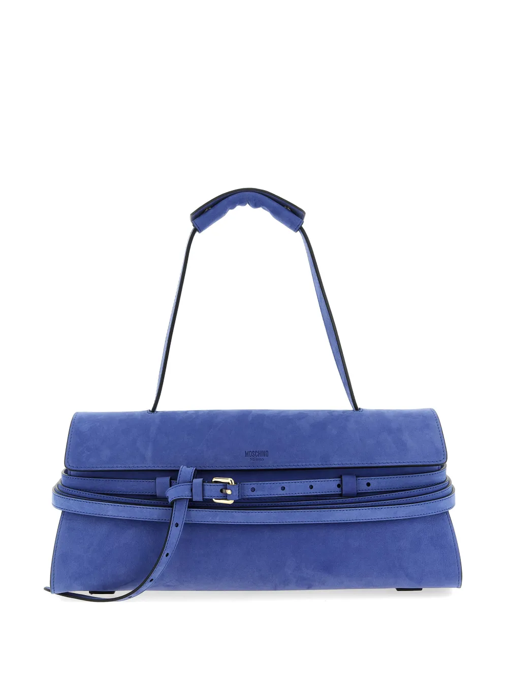 Moschino Tie Me embossed-logo suede shoulder bag - Blu