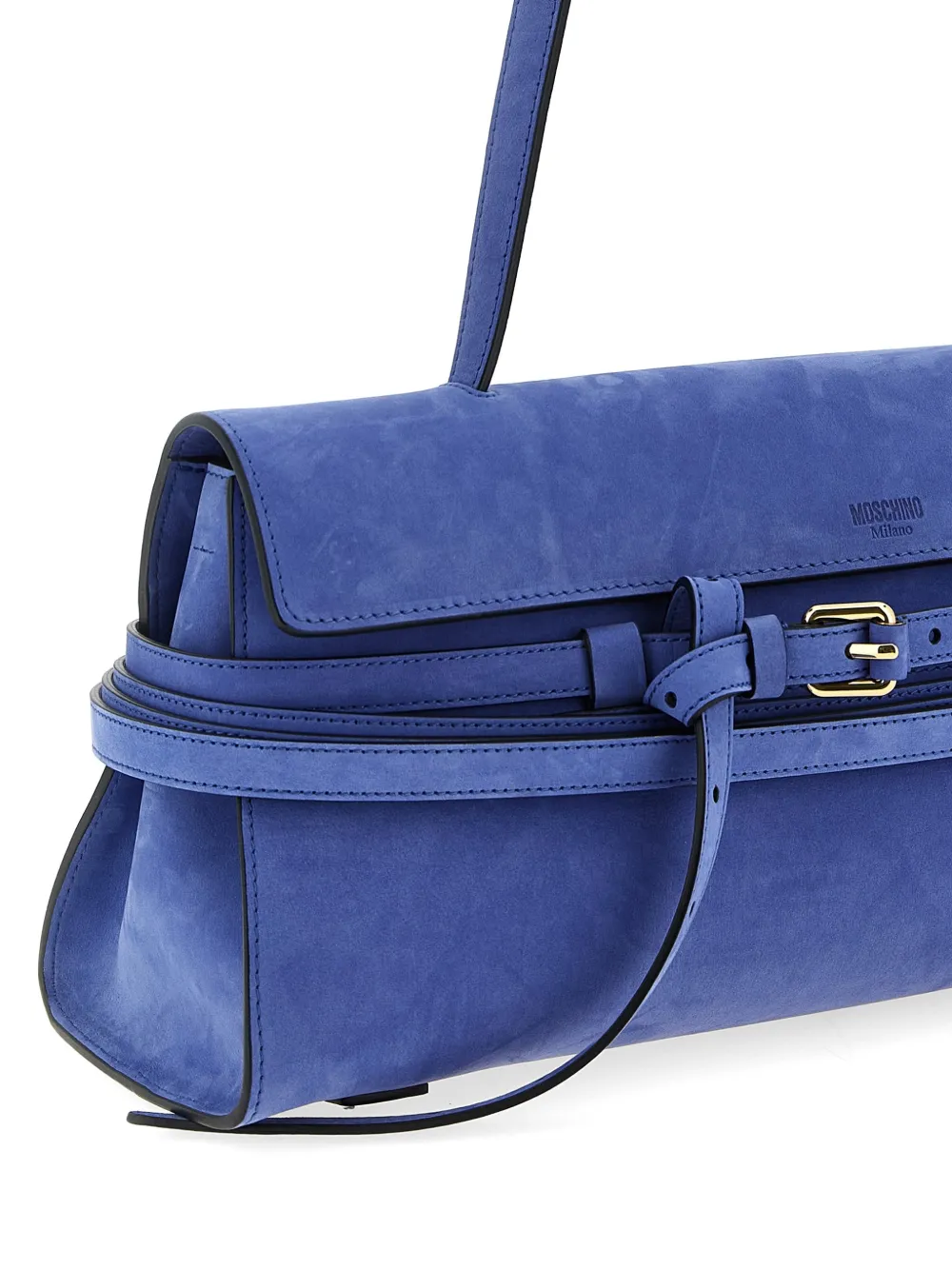 Moschino Tie Me suède schoudertas met logo-reliëf Blauw