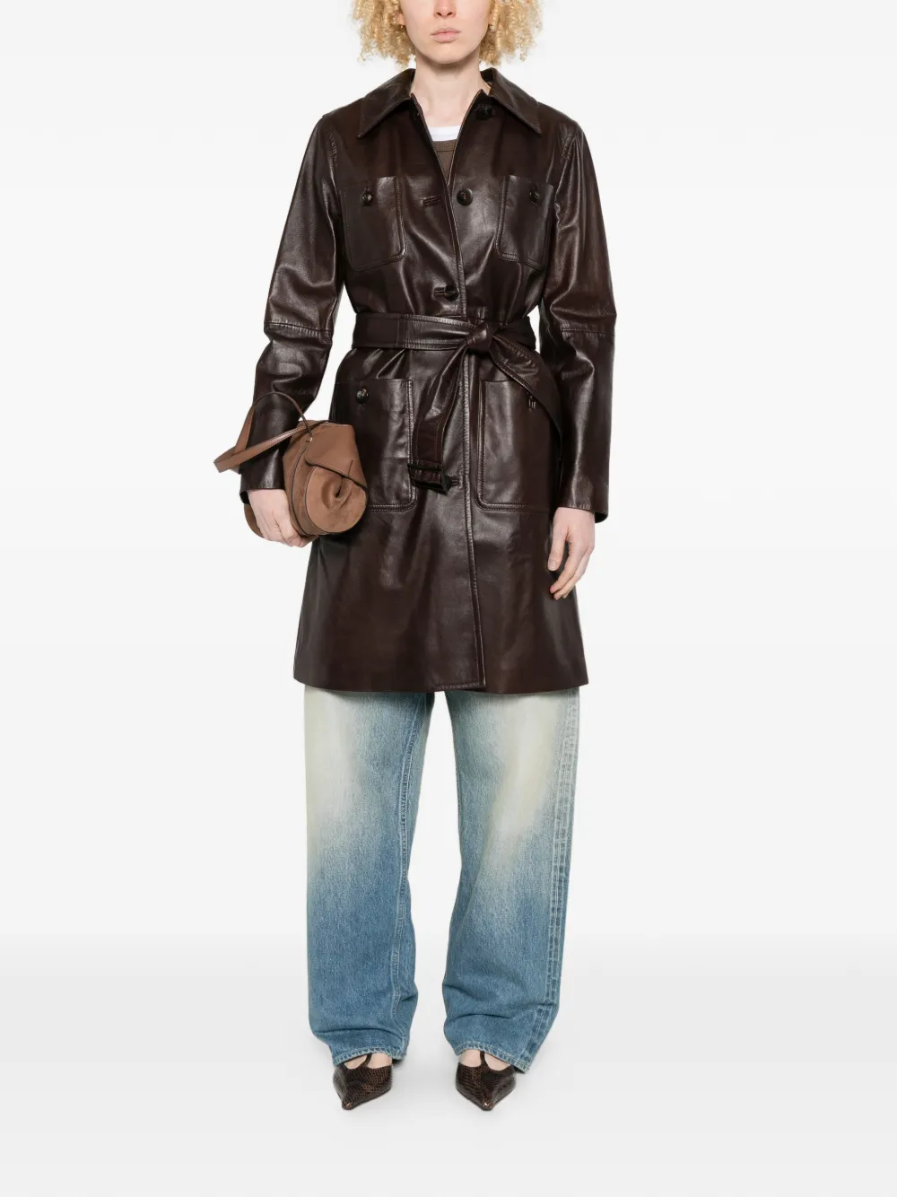  Max Mara Mstamaca Buttoned Belted Coat - Brown 