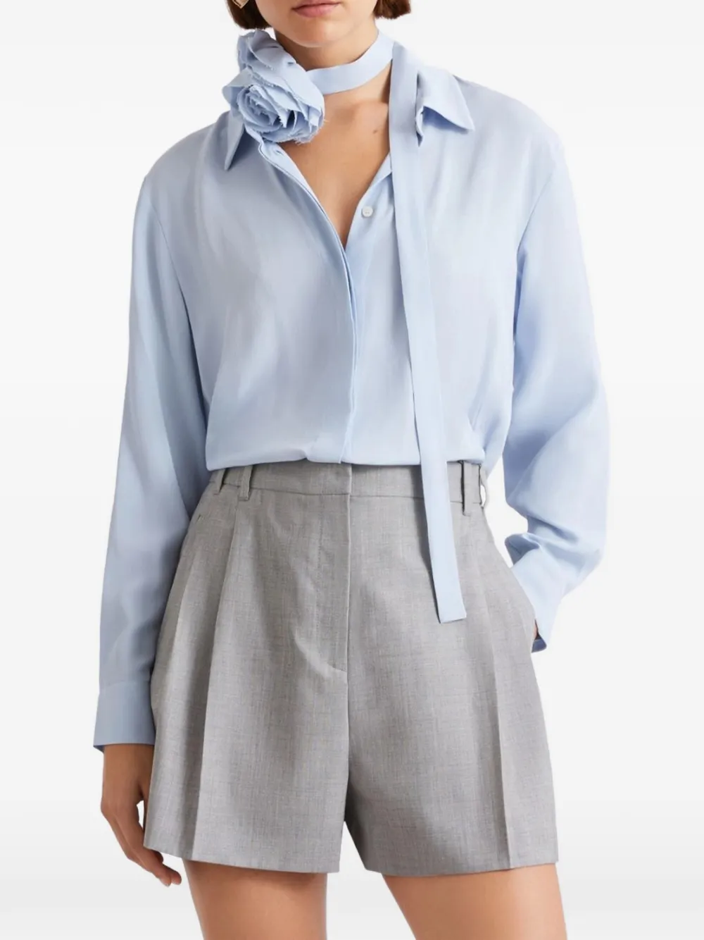 Marella flower-appliqué tie-neck shirt - Blu