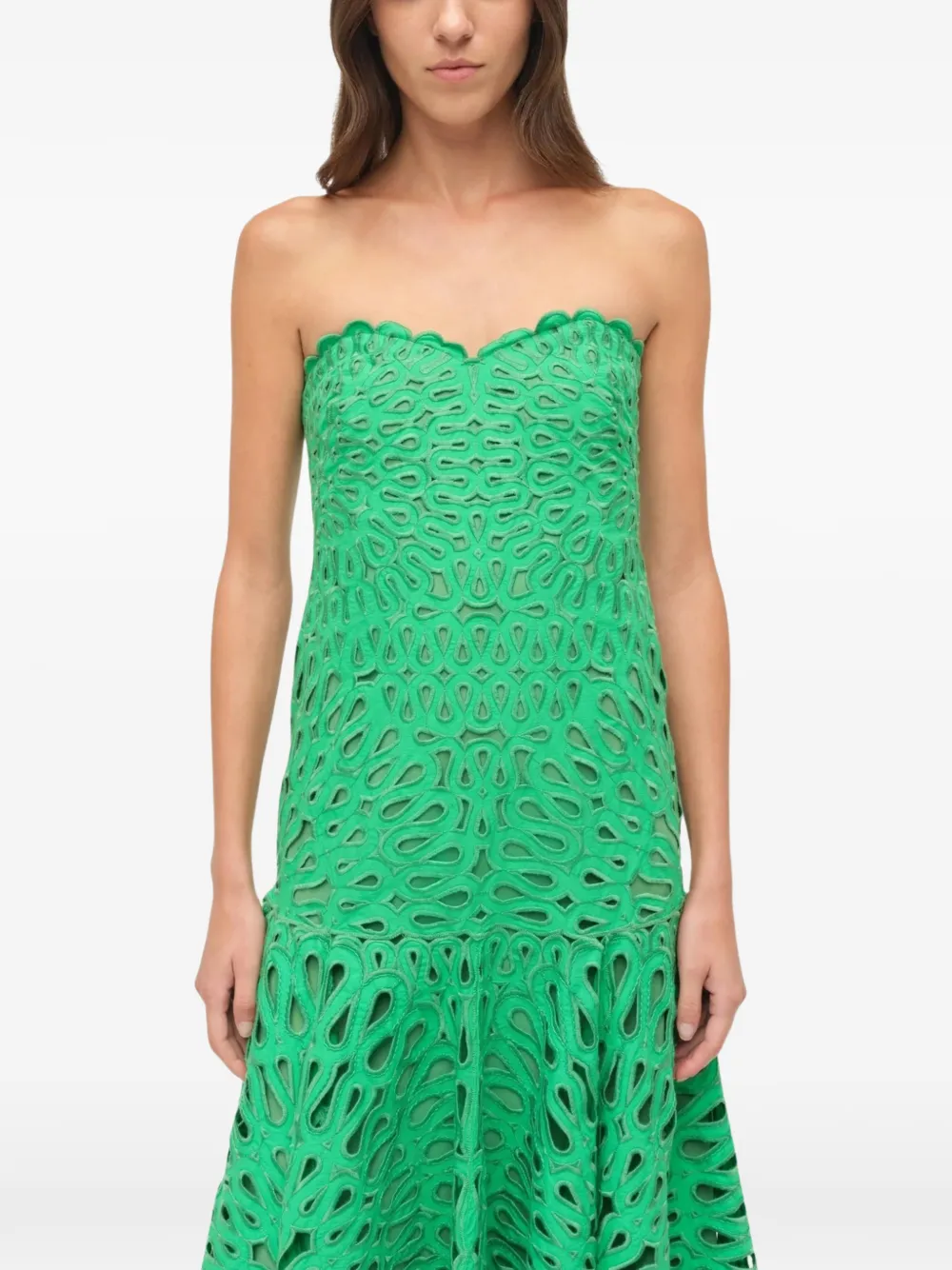 SIMKHAI Florence eyelet-embroidered strapless midi dress Groen