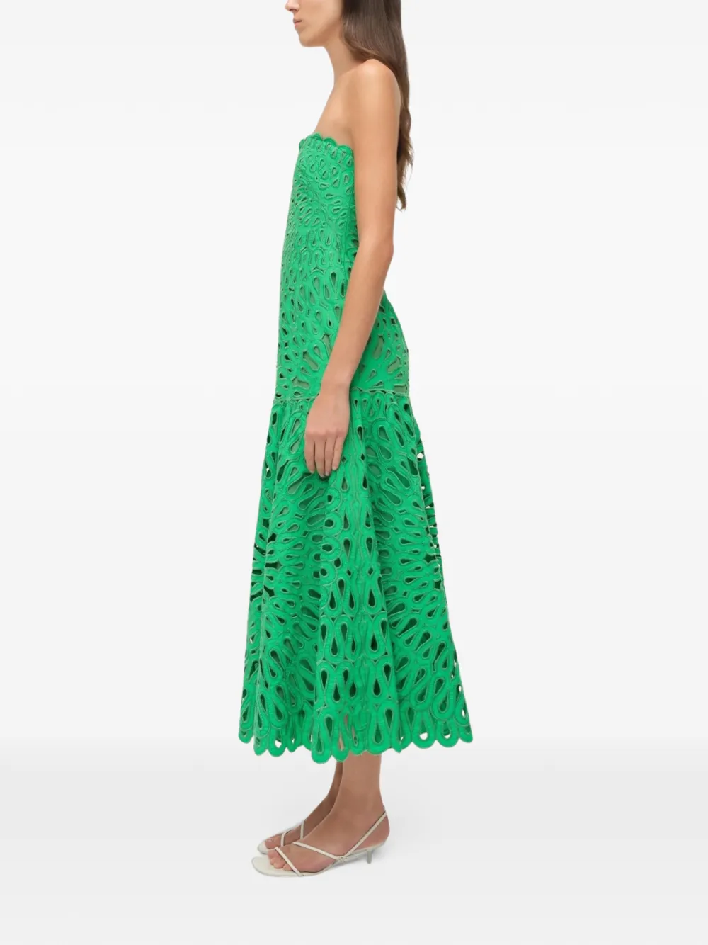 SIMKHAI Florence eyelet-embroidered strapless midi dress Groen