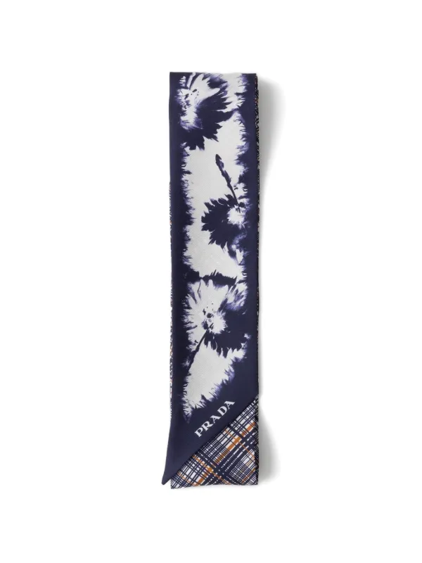 Prada Printed Silk Twill Skinny Scarf | Blue | FARFETCH