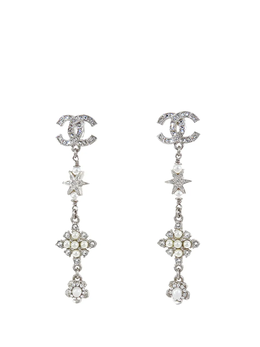 CHANEL Pre-Owned 2020 CC Silver Plated Faux Pearl and Strass Star and Flower Swing Earrings costume earrings - Argento