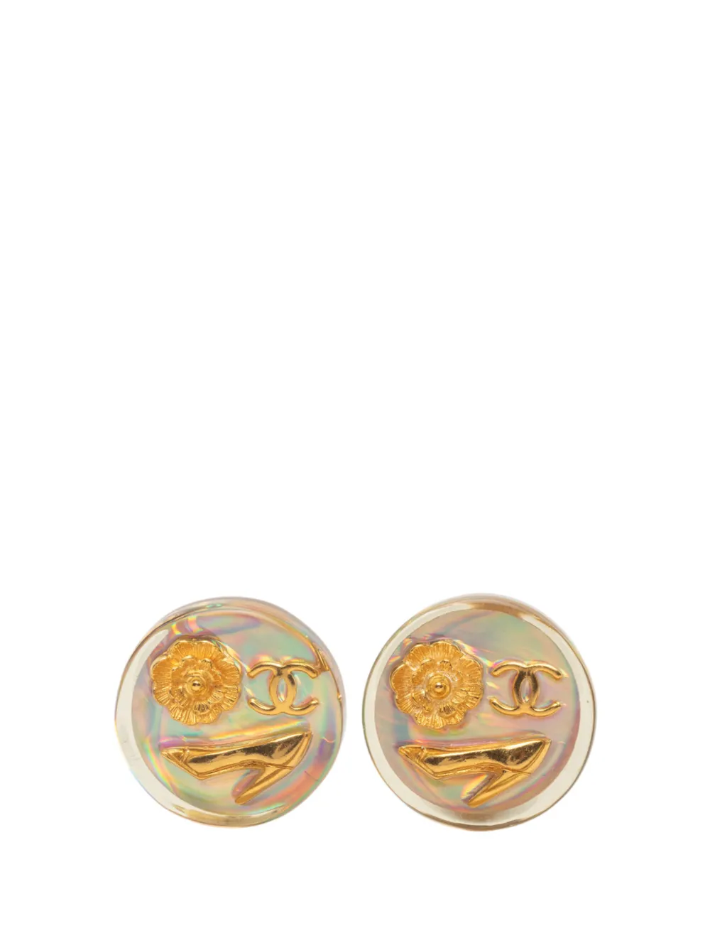 CHANEL Pre-Owned 1997 CC Gold Plated Resin Camellia Button Clip On Earrings costume earrings - Oro